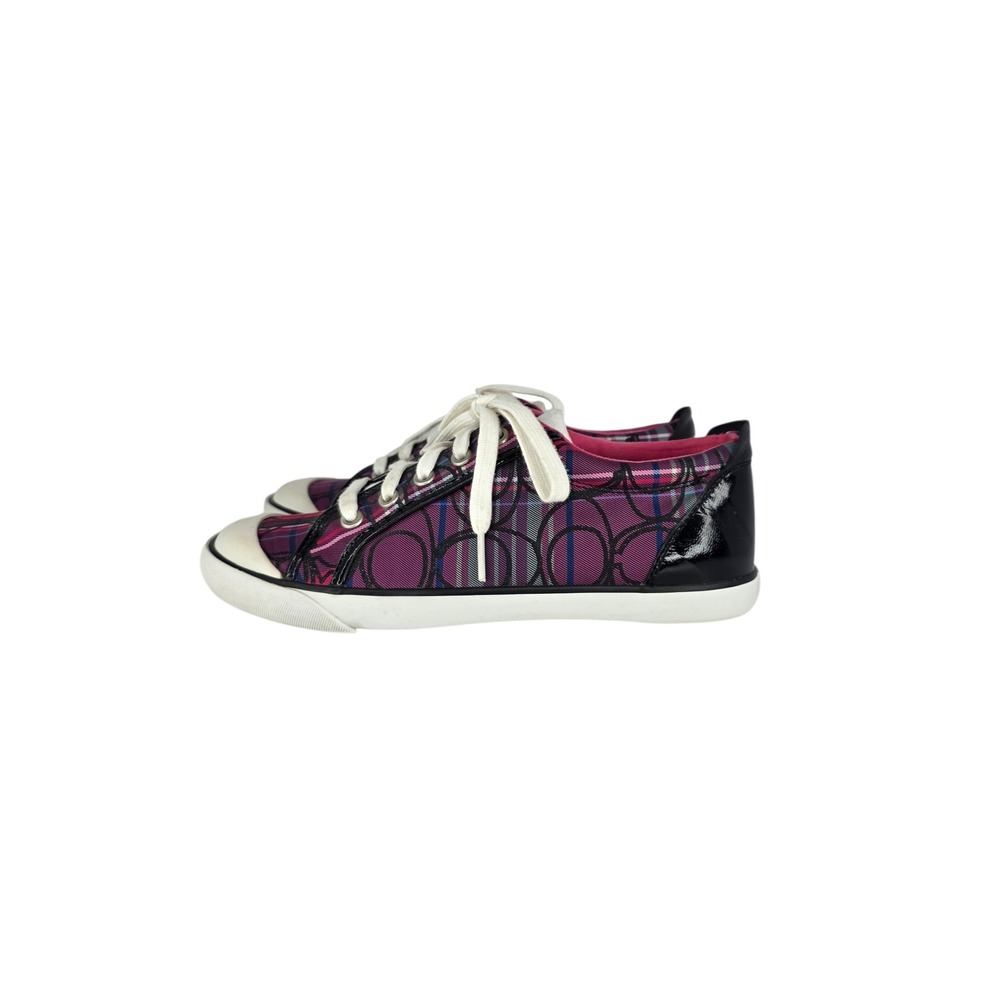 Coach Barrett Sneakers Womens 9B Pink Plaid Canvas Logo Y2K Patent Leather Shoes